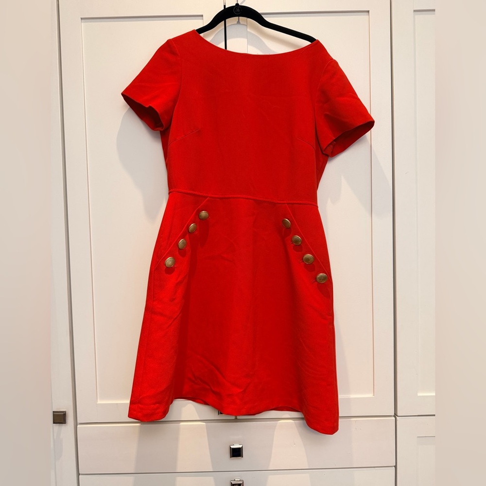 Bright Red Short-Sleeve A-Line Dress with Gold Button Accents